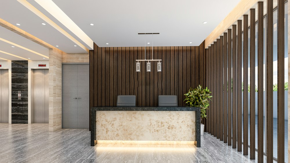 Apartment building lobby with reception desk