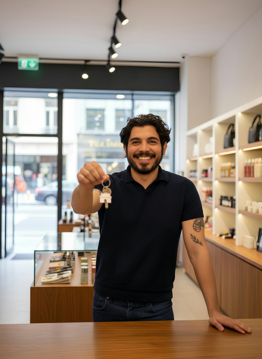 Shop owner holding keys at the counter
